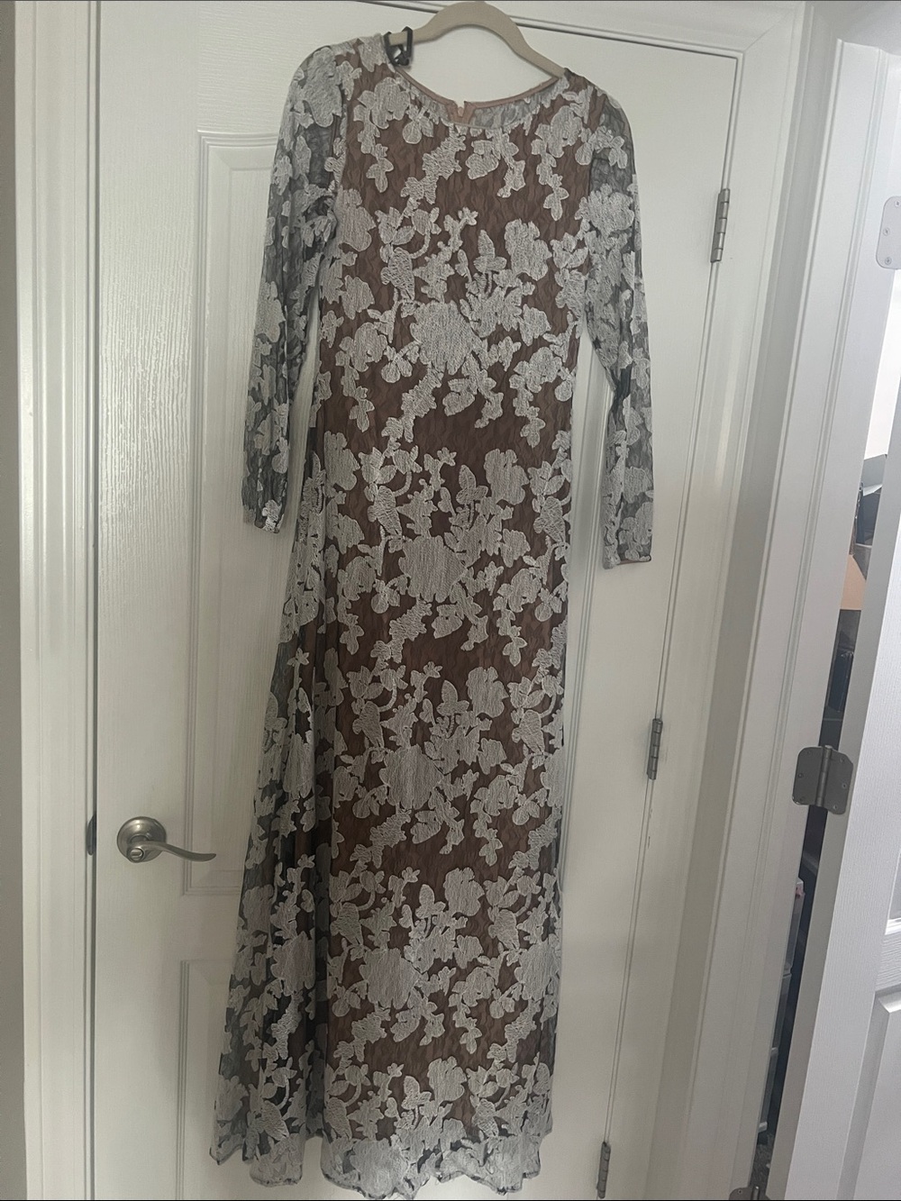 Vera Wang Brown Gown with White Floral Lace Overlay, Long Sleeve